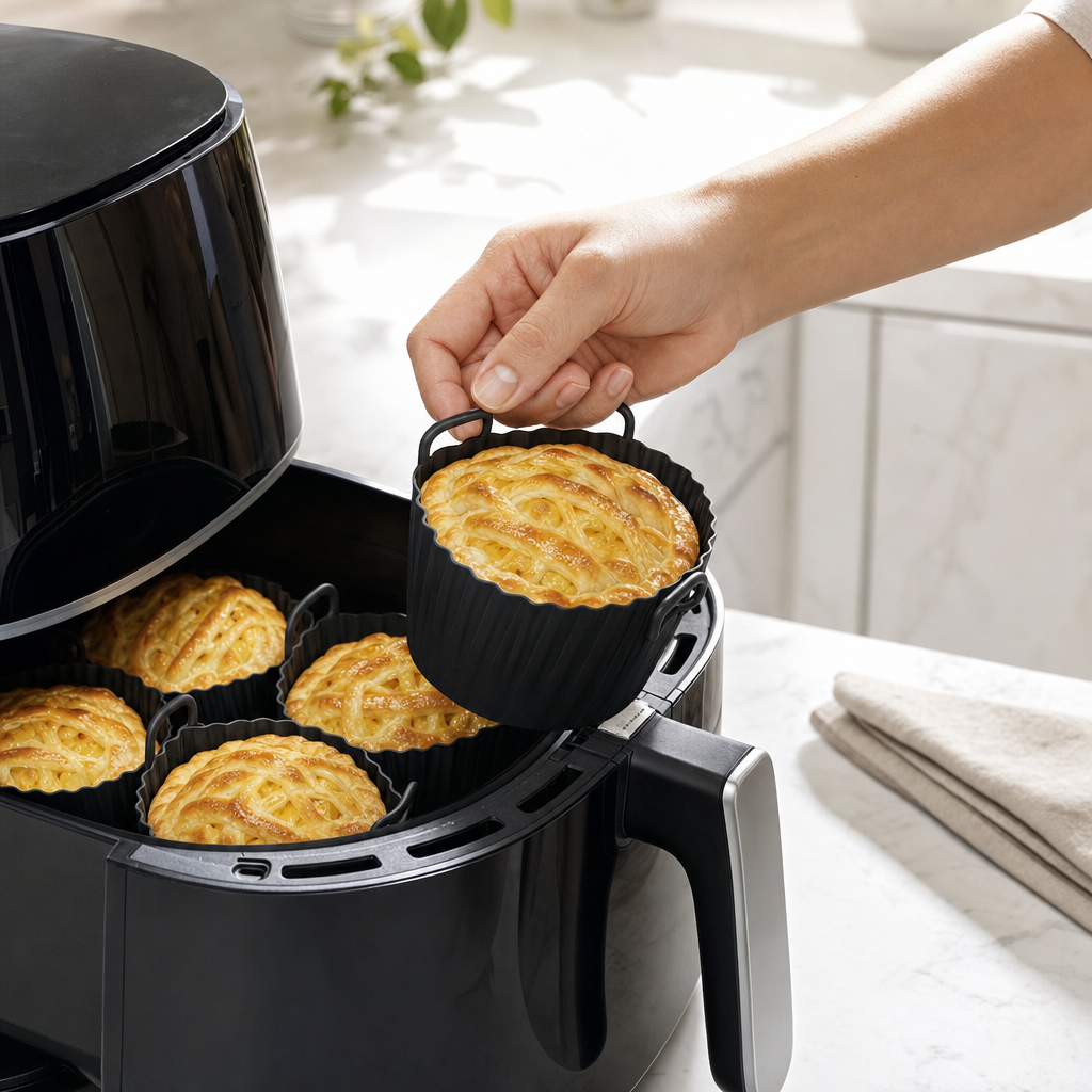 Muffinvorm aan de handvatjes uit de airfryer tillen