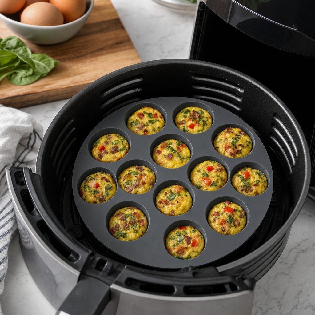 Mini muffinvorm met egg bites naast de airfryer