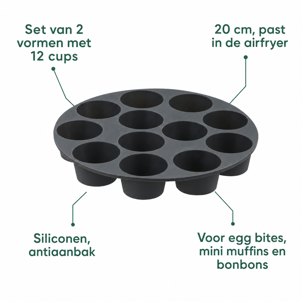 Kenmerken mini muffinvorm: set van 2 met 12 cups, 20 cm past in de airfryer, siliconen antiaanbak, voor egg bites en mini muffins