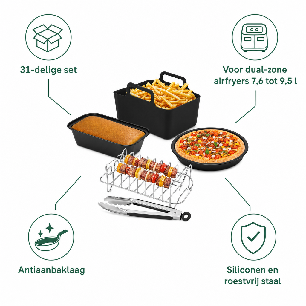 Kenmerken airfryer accessoireset: 31-delig, voor dual-zone airfryers van 7,6 tot 9,5 liter, antiaanbak, siliconen en roestvrij staal