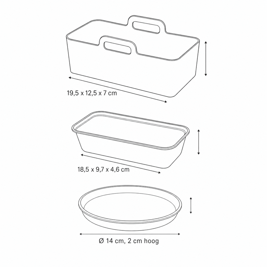 Technische tekening siliconen mand, cakeblik en pizzaplaat met afmetingen
