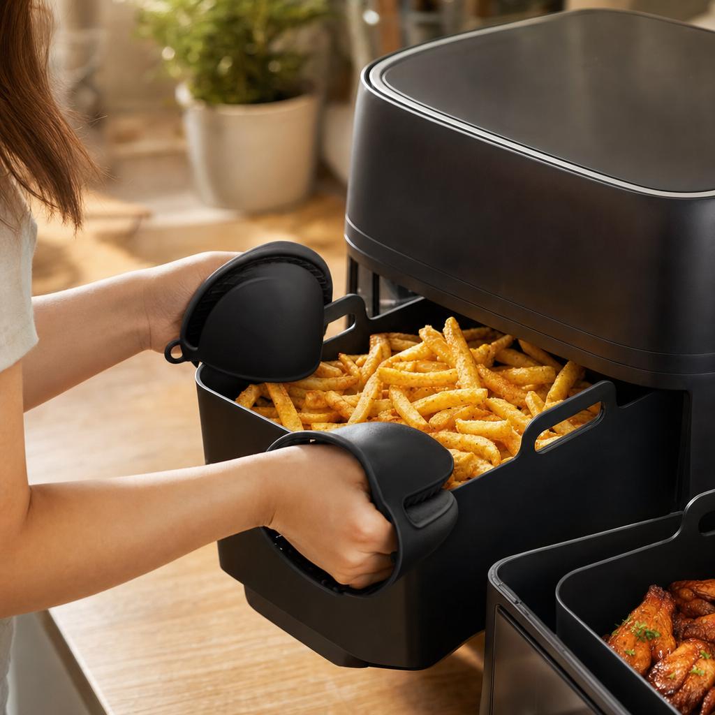 Siliconen mand met friet met de ovenwant uit de airfryerlade tillen