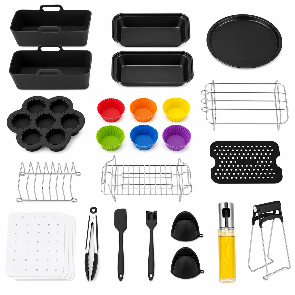 31-delige airfryer accessoireset, studiofoto op witte achtergrond