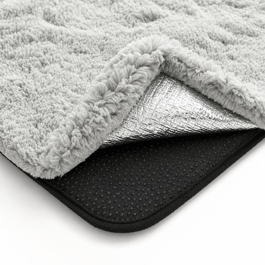 Close-up van de lagen: sherpa, aluminiumfolie en antislip onderkant