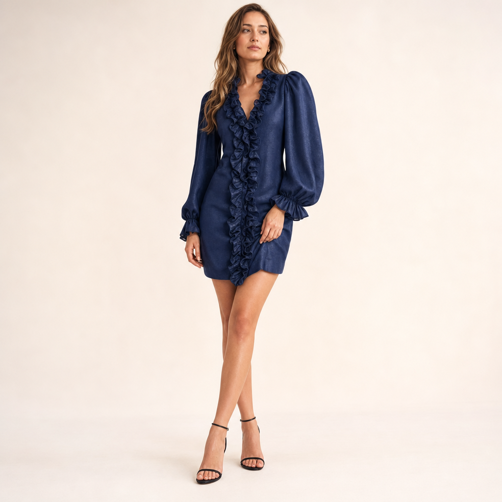 Mini-jurk met pofmouwen in marineblauw op model in de studio