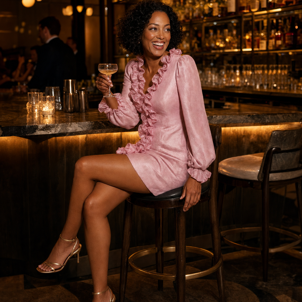 Mini-jurk met ruches in roze, gedragen in een cocktailbar