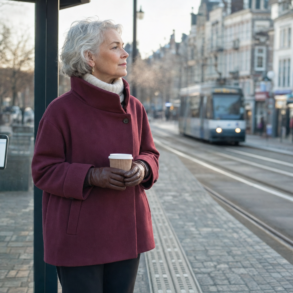 Damesmantel in bordeaux, gedragen op het tramperron