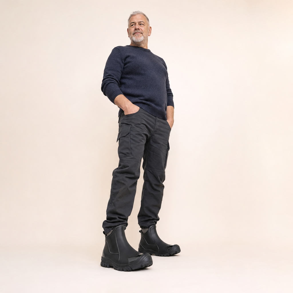 PVC enkellaarzen in zwart op mannelijk model in de studio