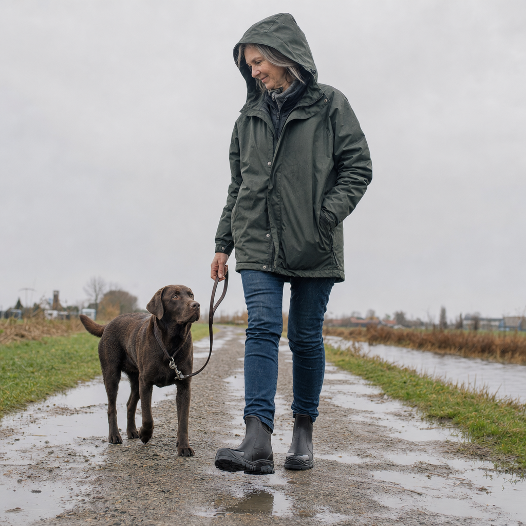 PVC enkellaarzen in zwart tijdens het uitlaten van de hond in de regen