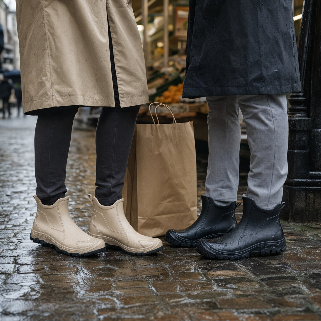 PVC enkellaarzen in beige en zwart op de natte markt