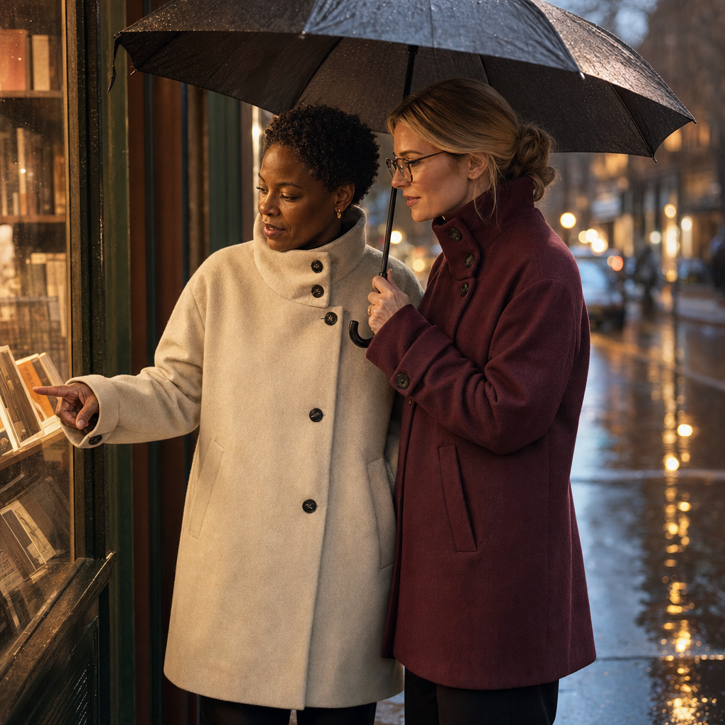 De damesmantel in beige en bordeaux voor de etalage van een boekwinkel