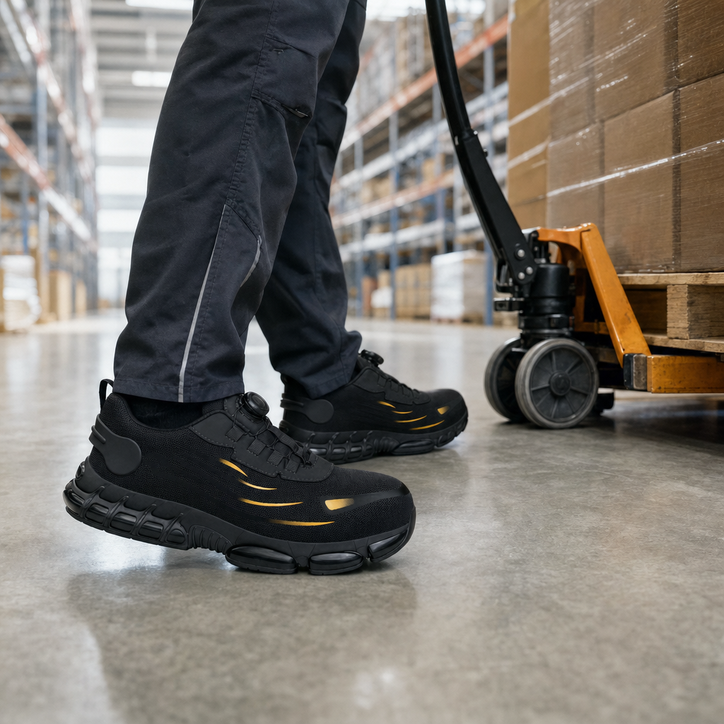 Veiligheidsschoenen in zwart aan het werk in het magazijn