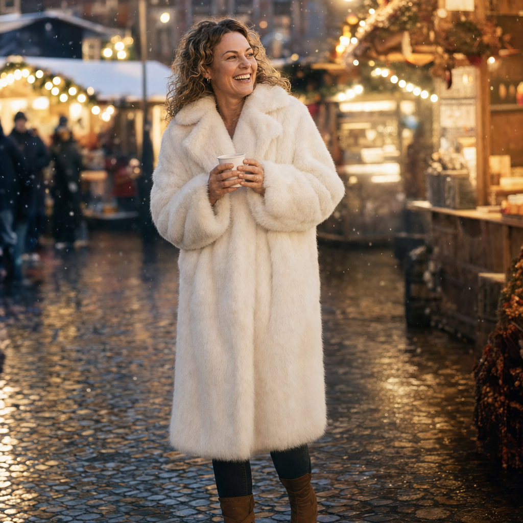Bontjas in wit, gedragen op de kerstmarkt