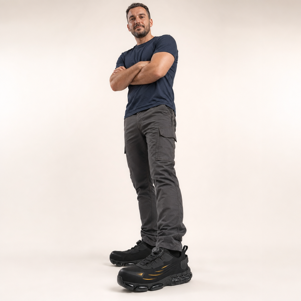 Veiligheidsschoenen in zwart op mannelijk model in de studio