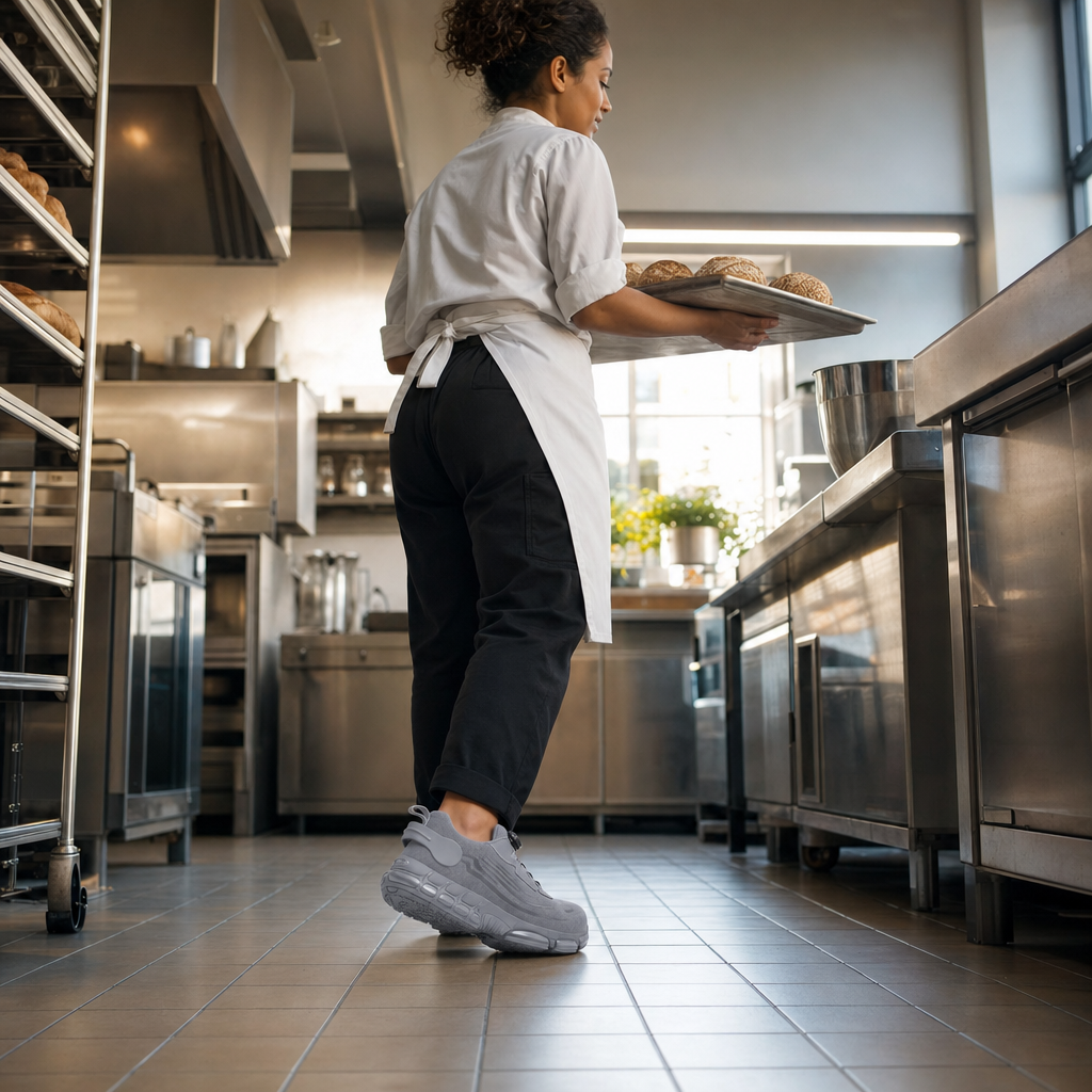 Veiligheidsschoenen in grijs in een professionele keuken