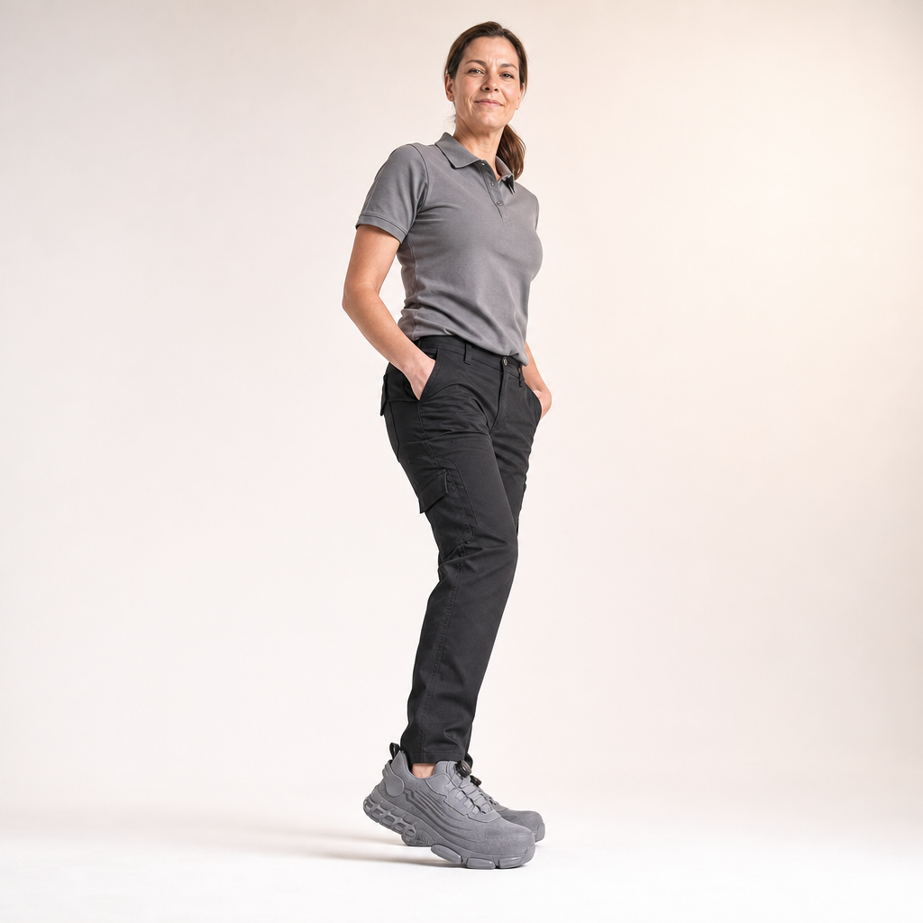 Veiligheidsschoenen in grijs op vrouwelijk model in de studio