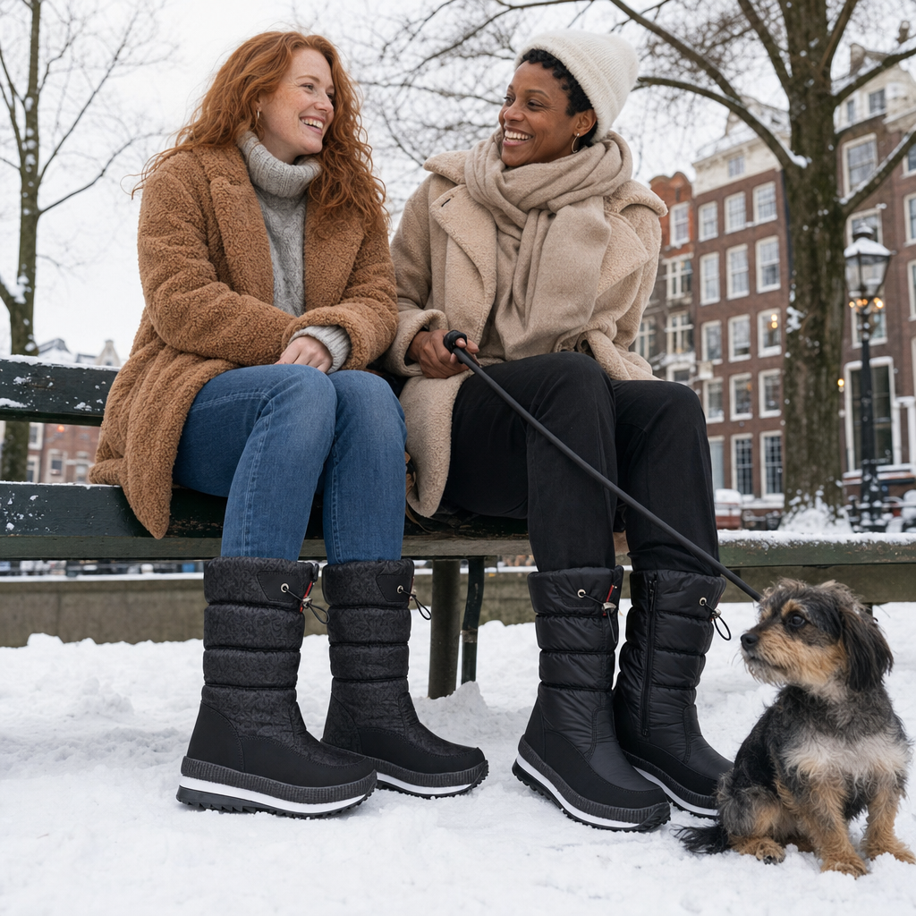 Twee vriendinnen in de snowboots op een bankje in het park