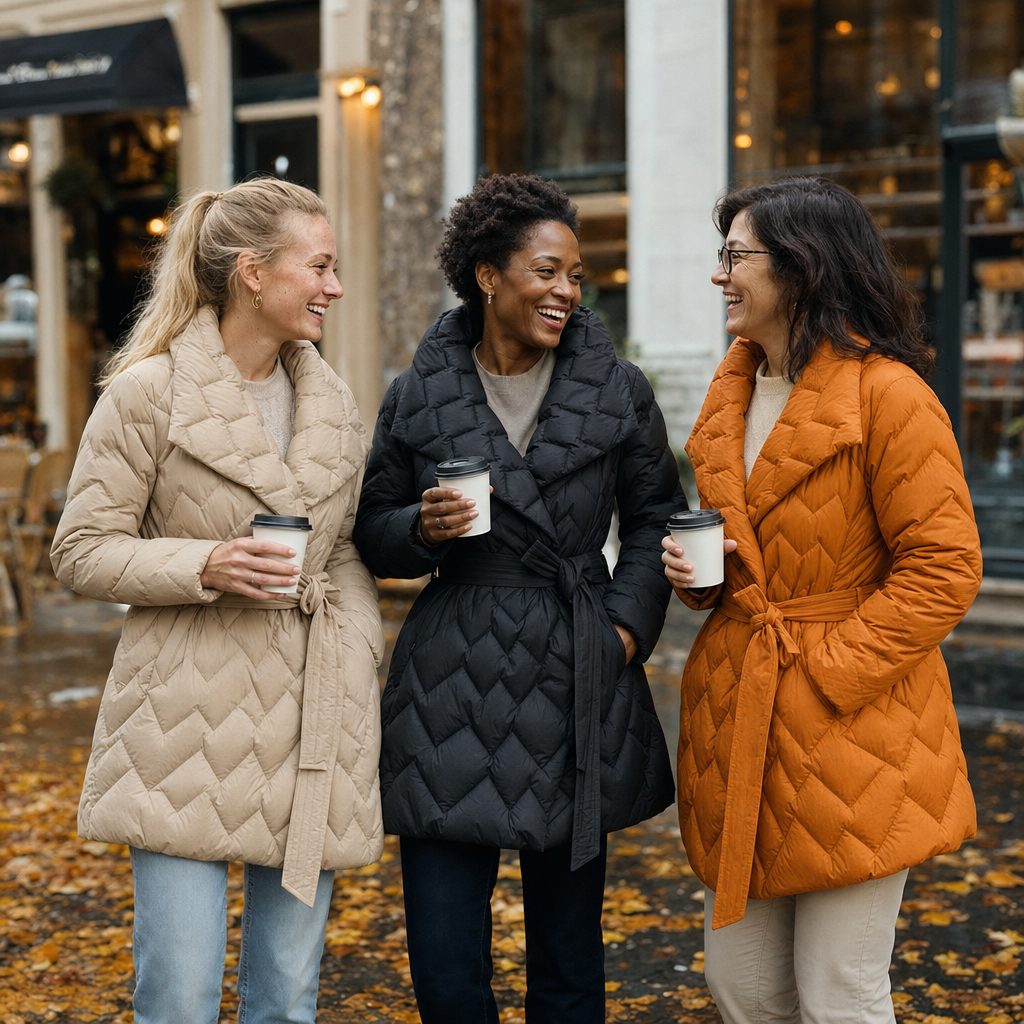De donsjas in zandbeige, zwart en amberoranje bij een koffiebar