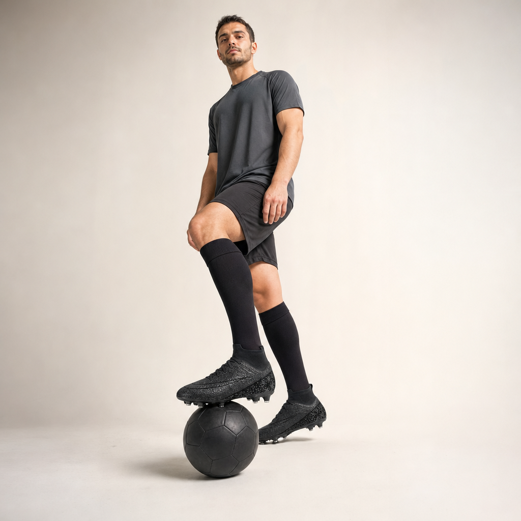 Voetbalschoenen in zwart op model in de studio