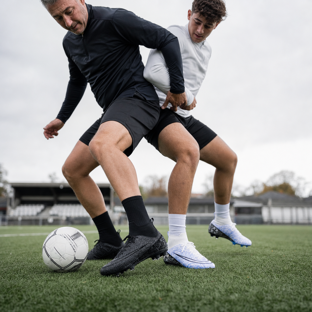 De voetbalschoenen in zwart en wit/blauw tijdens een duel