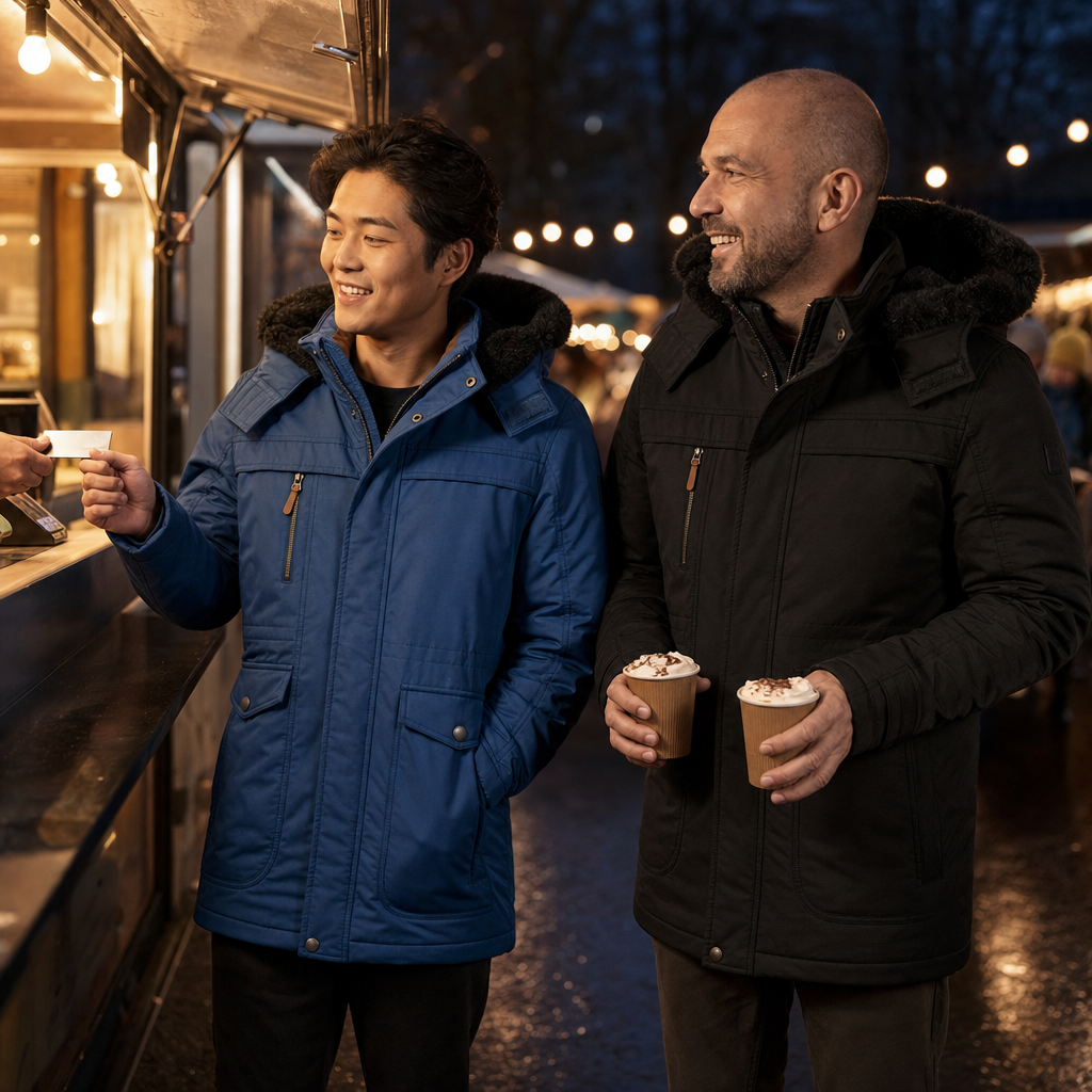 De winterjas in blauw en zwart bij een foodtruck op de wintermarkt