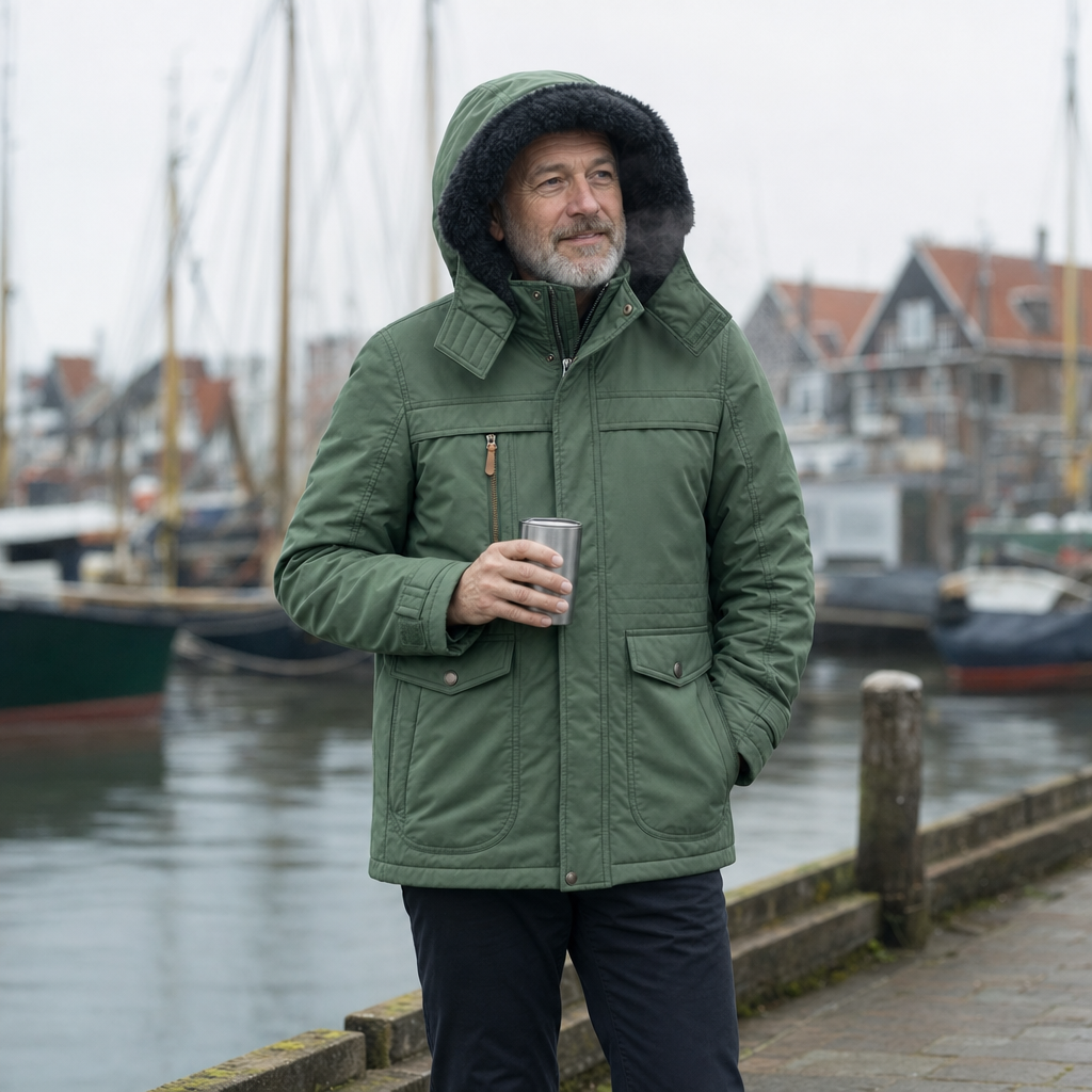 Heren winterjas in groen met de capuchon op aan de haven