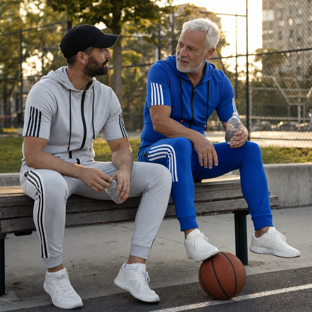 Het trainingspak in grijs en blauw op de bank bij het basketbalveld
