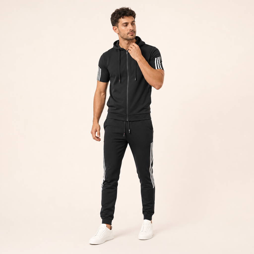 Trainingspak in zwart op model in de studio