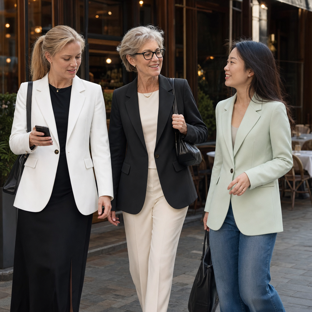 Drie vrouwen in de lange blazer in wit, zwart en lichtgroen