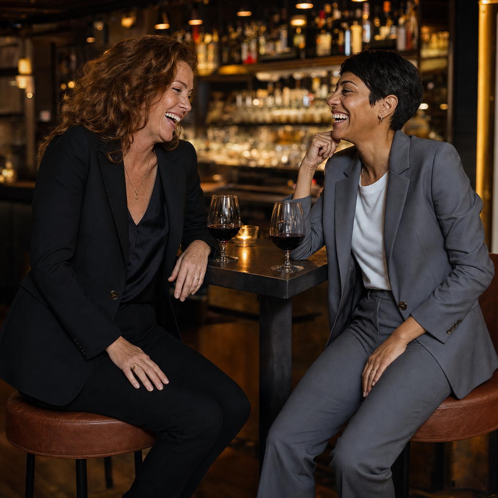 Twee vrouwen in de lange blazer in zwart en donkergrijs in een wijnbar