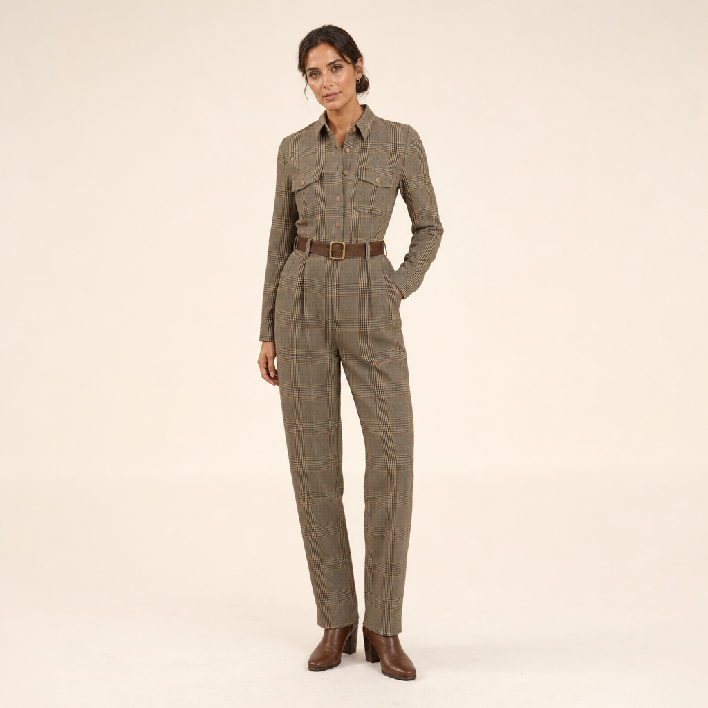 Geruite utility jumpsuit op model in de studio