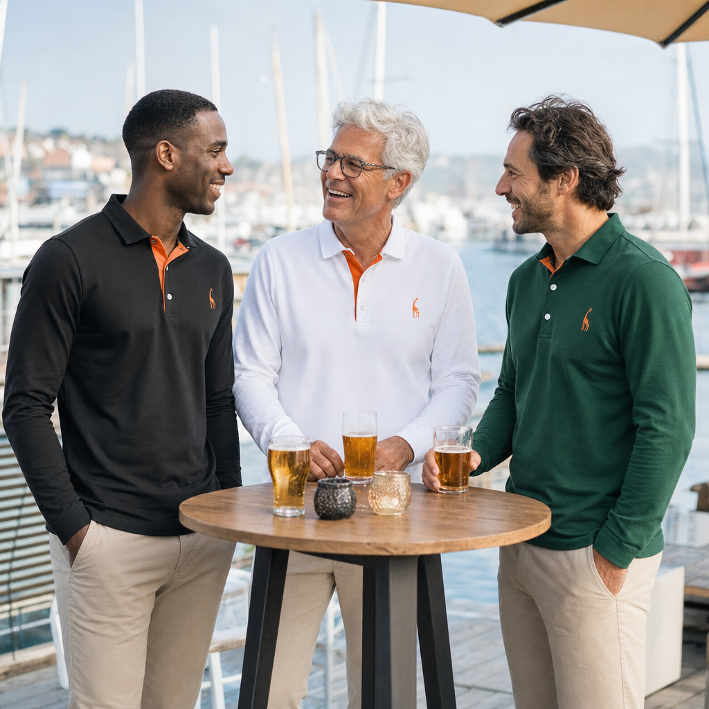 Drie mannen in de heren polo in zwart, wit en groen op een haventerras