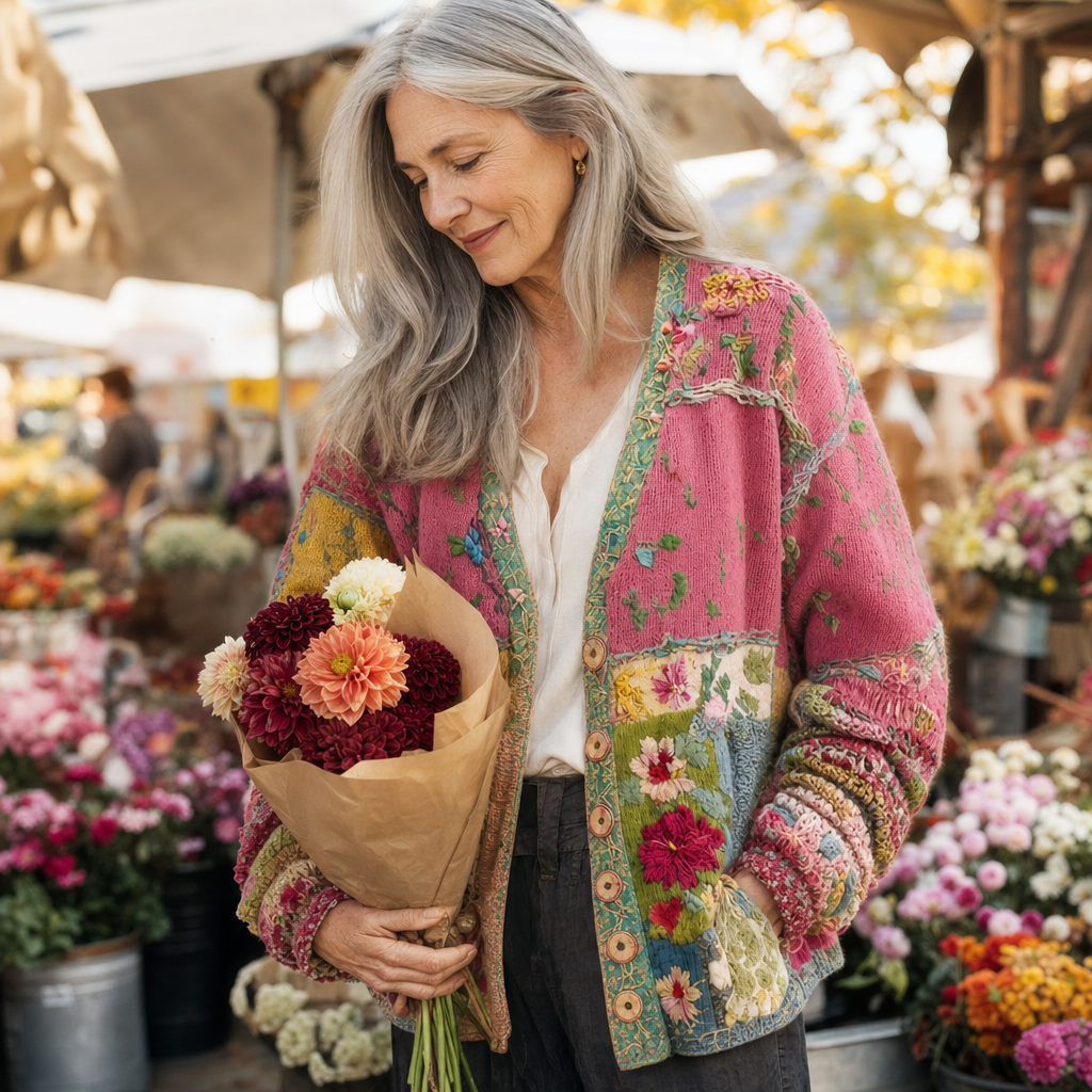 Patchworkvest gedragen op een bloemenmarkt