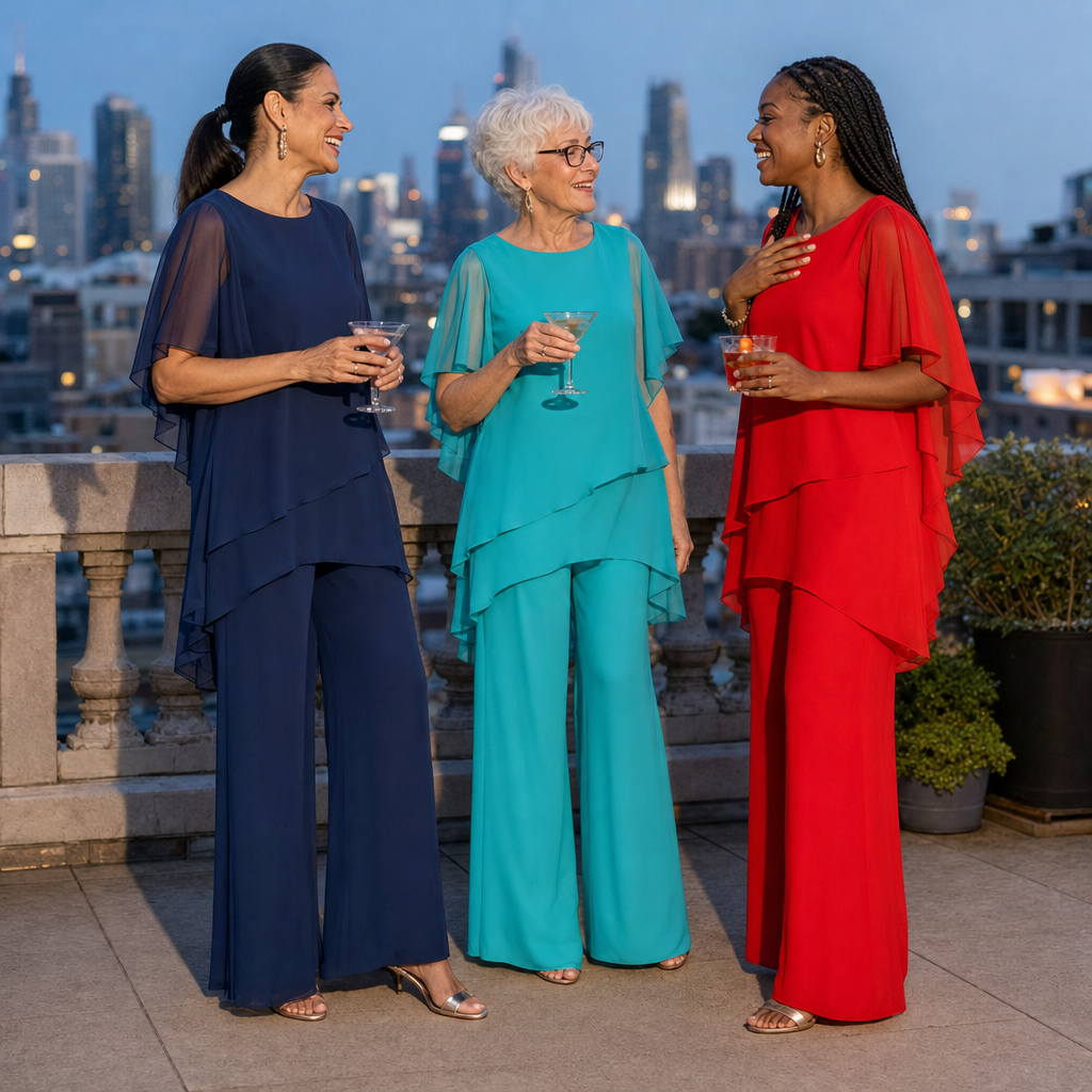 Drie vrouwen in de tweedelige set in marineblauw, turkoois en rood op een rooftopfeest