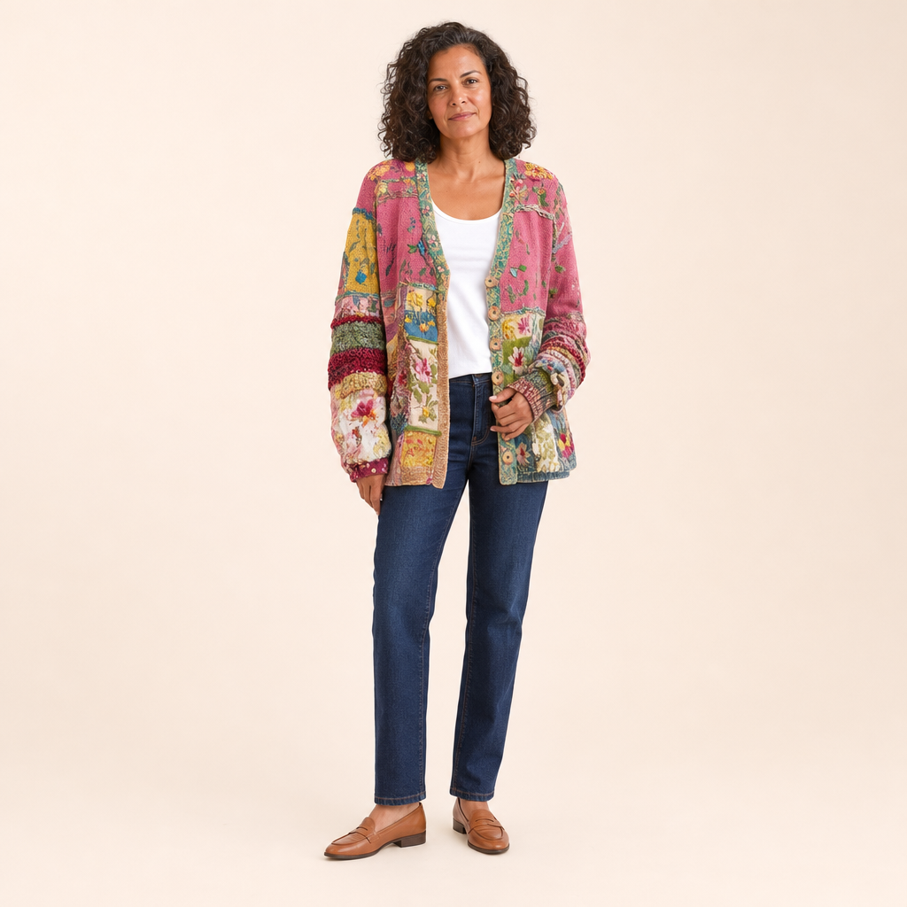 Patchworkvest met bloemenborduursel op model in de studio
