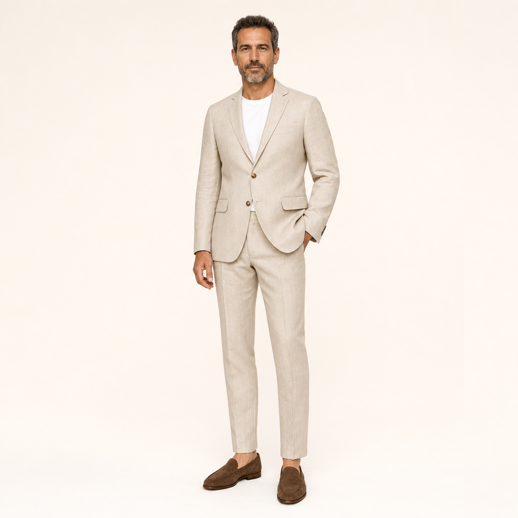 Linnen pak heren in beige op model in de studio
