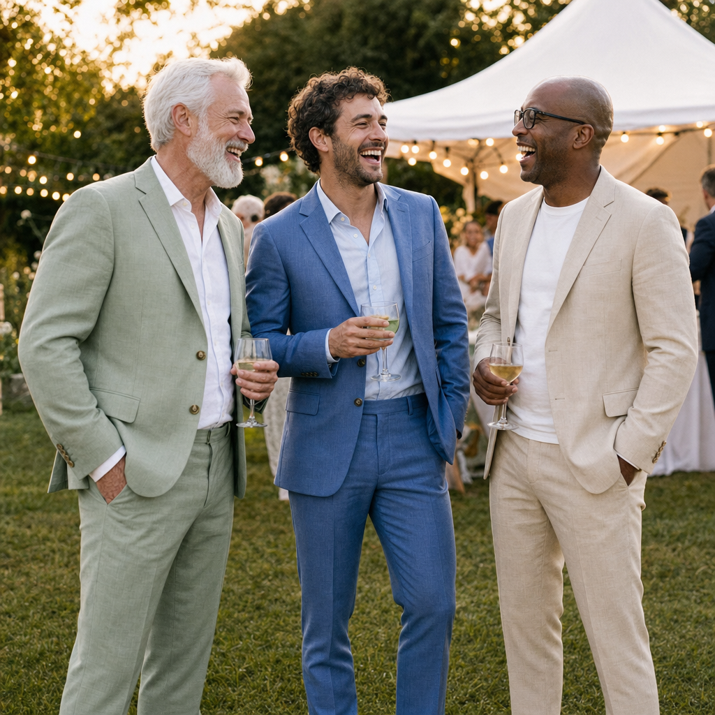 Drie mannen in het linnen pak in groen, blauw en beige op een tuinbruiloft