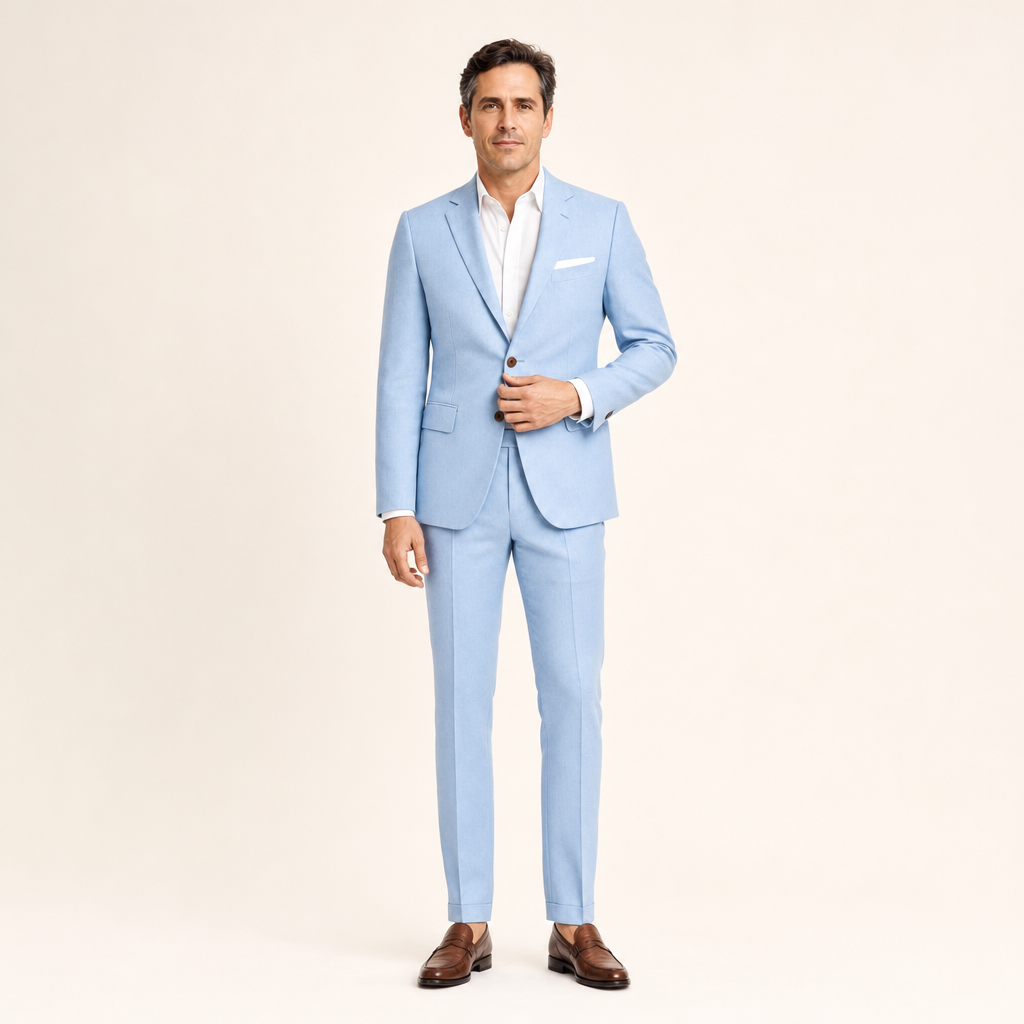 Slim fit linnen zomerpak in lichtblauw op model in de studio