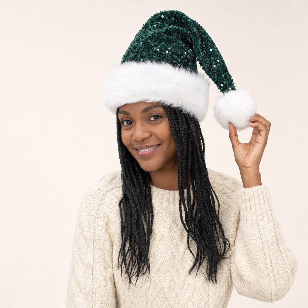 Kerstmuts met pailletten in donkergroen op vrouwelijk model in de studio