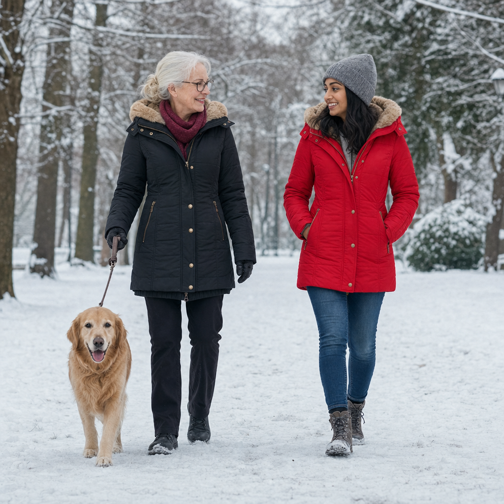 Twee vrouwen in de gewatteerde winterjas in zwart en rood in een besneeuwd park