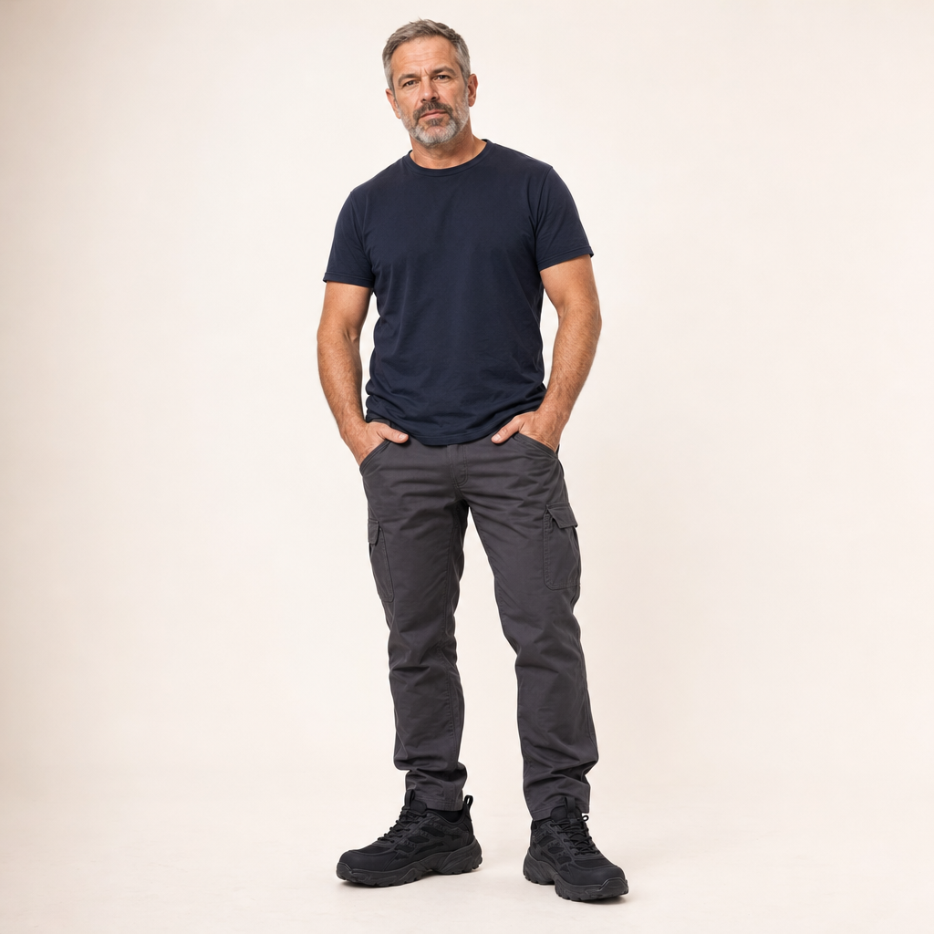 Werksneakers in zwart op mannelijk model in de studio