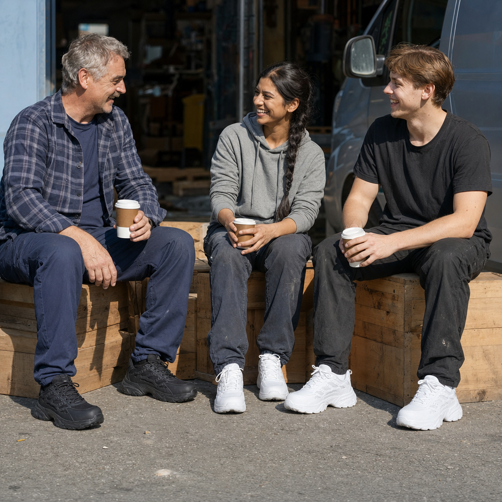 Drie collega's met de werksneakers in zwart en wit tijdens de koffiepauze