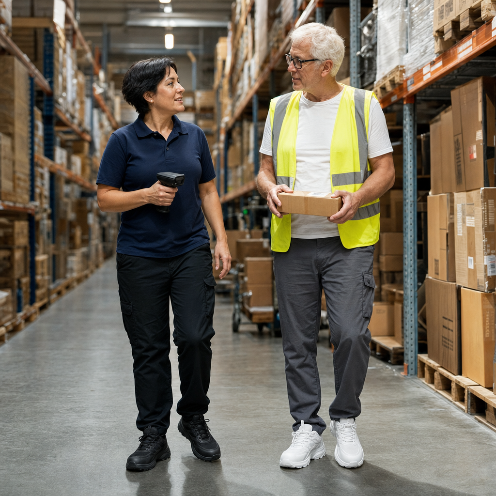 Vrouw en man met de werksneakers in zwart en wit in een distributiecentrum