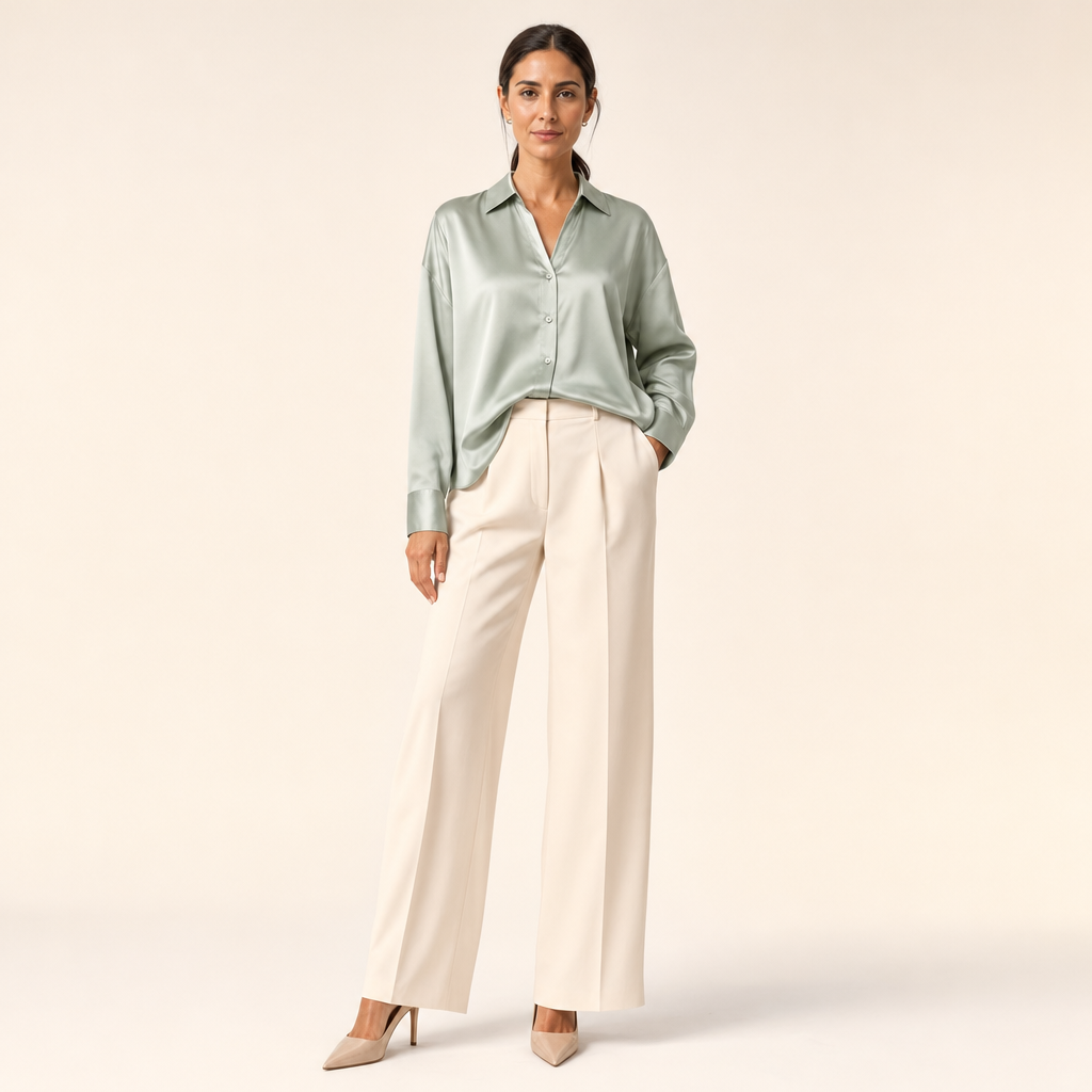 Satijnen blouse in groen op model in de studio
