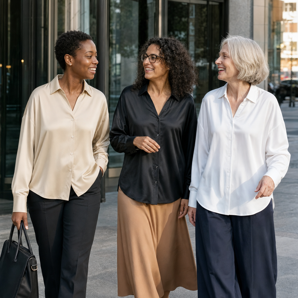 Drie vrouwen in de satijnen blouse in beige, zwart en wit na het werk