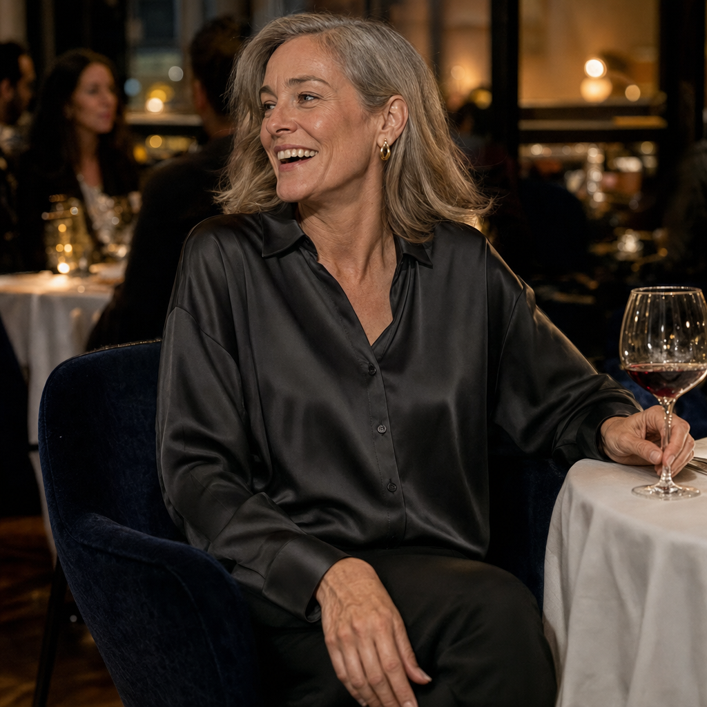 Satijnen blouse in zwart gedragen tijdens een diner