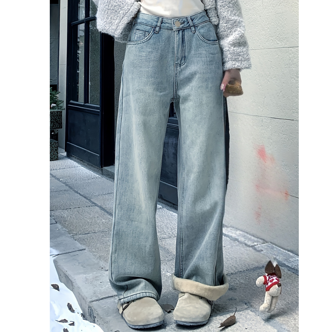 Vintage Denim Loose Fit Jeans Dames | Wijde pijpen | Elastisch design - Modern en tijdloos - Ideaal voor dagelijks gebruik - Fleece Voering
