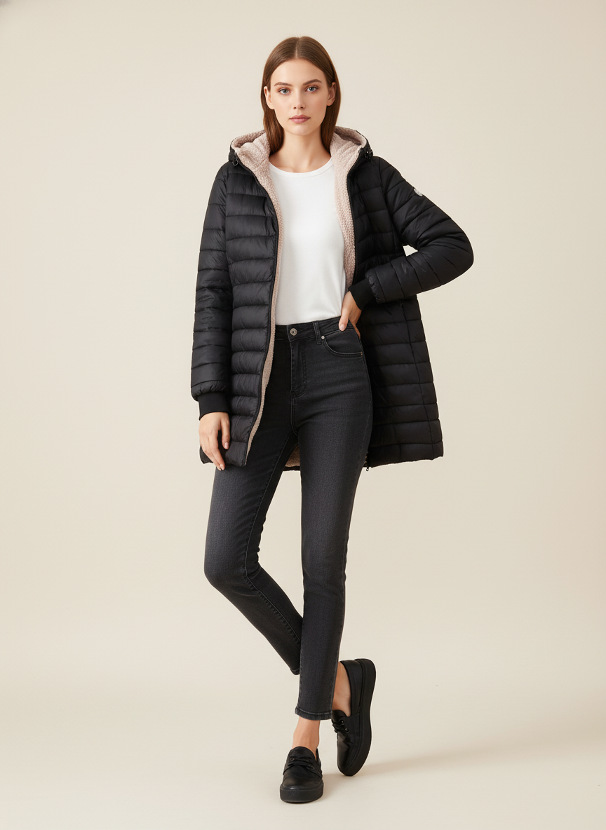 Visconte Dames Fleece Jas – Mid-Length Hooded Winterjas, Slim Fit, Fleece-Gevoerd, Minimalistische Warme Jas voor Winter