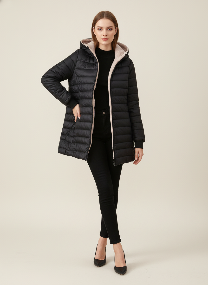 Visconte Dames Fleece Jas – Mid-Length Hooded Winterjas, Slim Fit, Fleece-Gevoerd, Minimalistische Warme Jas voor Winter
