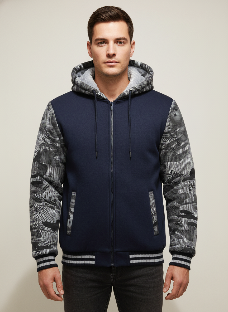 Visconte Heren Fleece Hooded Jacket – Warme Colorblock Winterjas, Casual Capuchonjas voor Herfst & Winter